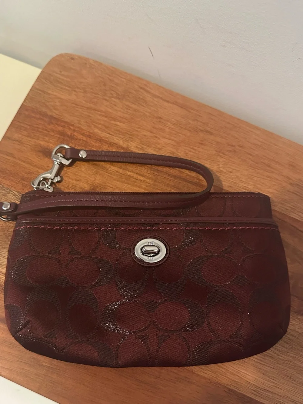 Coach Burgundy Metallic Sateen Turnlock Wristlet/Clutch Shimmer Jacquard Fabric
